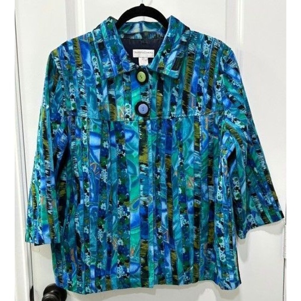 Draper's Damon's Petites PL Jacket Womens Blue Green Print Cotton Lined Boho